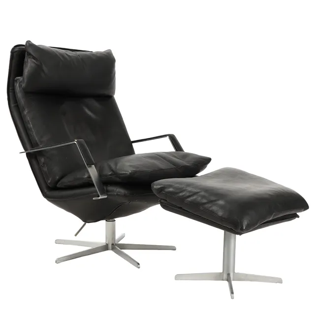 Søren Lund. Armchair and stool, black leather, model SL 330 (2)