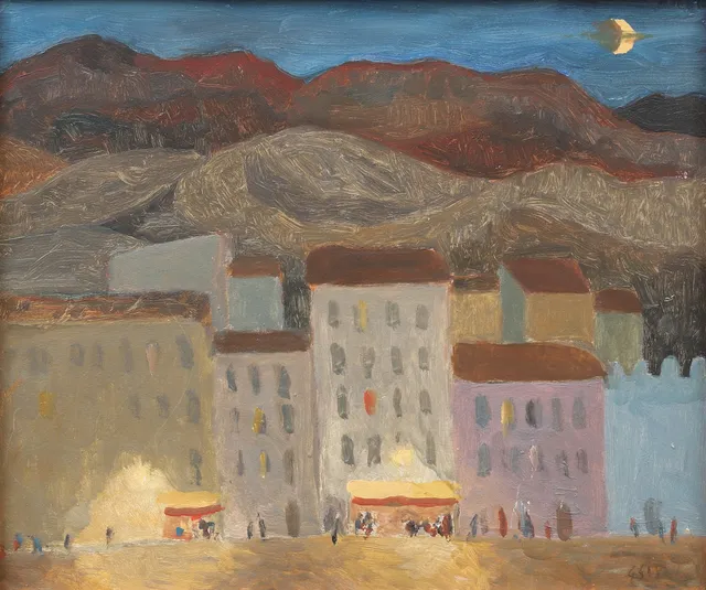 GUNNAR S MALM (1909-1986). "Nöjescenter, Ibiza", olja på pannå, signerad.