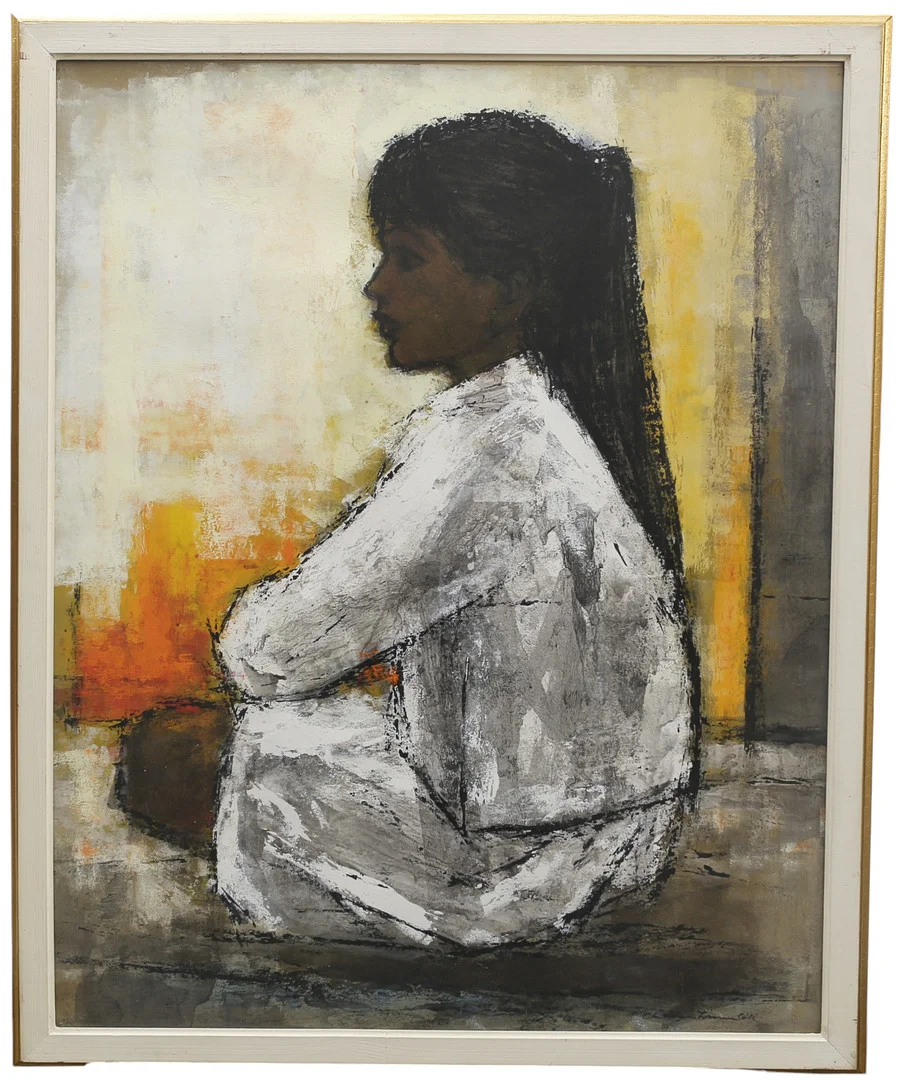 CHRISTIAN BJÖRN LARSEN. guache, sittande flicka, signerad, daterad 1965. — Paintings — Limhamns Auktionsbyrå