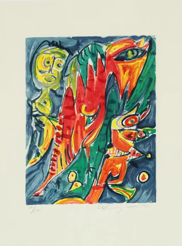 Composition from “It's Absolutely True!” in the HC Andersen suite. Signed Carl-Henning Pedersen 1985, 19/250. Published by Juliette Halioua, New York. Lithograph in colours. Sheet size 75×56 cm.