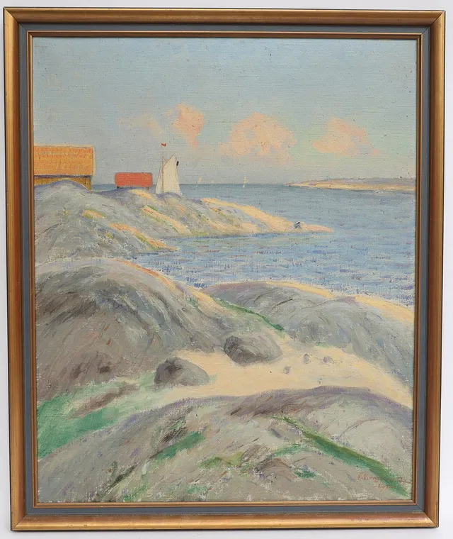 HJALMAR BERGKRANTZ. Havsbild med klippor, oljemålning på duk, signerad och daterad 1942.