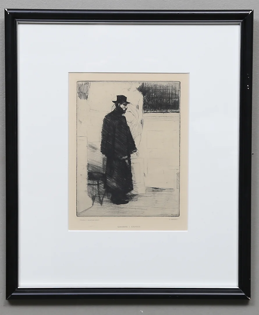 AXEL FRIDELL. "Mannen i kappan". Etsning, utgiven av föreningen för grafisk konst, osignerad. — Engravings & Prints — Gomér & Andersson Linköping