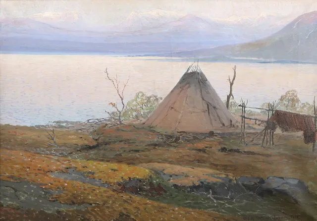 OLOF WALFRID NILSSON (1869-1956). Oljemålning på duk. Signerad och daterad 1915. "Sommarnatt vid Torneträsk, Lappland".