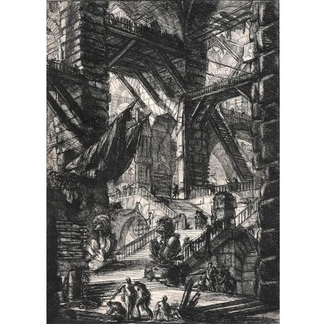 GIOVANNI BATTISTA PIRANESI (1720-1778). CARCERI D'INVENZIONE: STAIRCASE WITH TROPHIES (Hind 8).