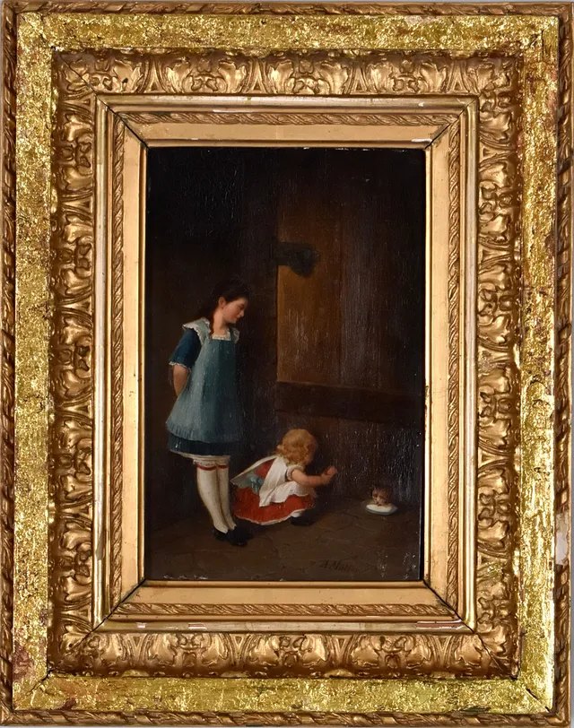 OIDENTIFIERAD KONSTNÄR. oljemålning på pannå, barn och katt, 1800-talets slut.