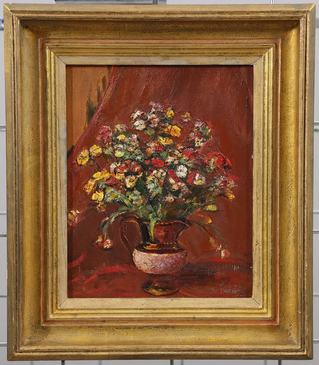 CARL RYD. "Nemestior", blomsterstilleben, olja på pannå, signerad och daterad 1936 a tergo.