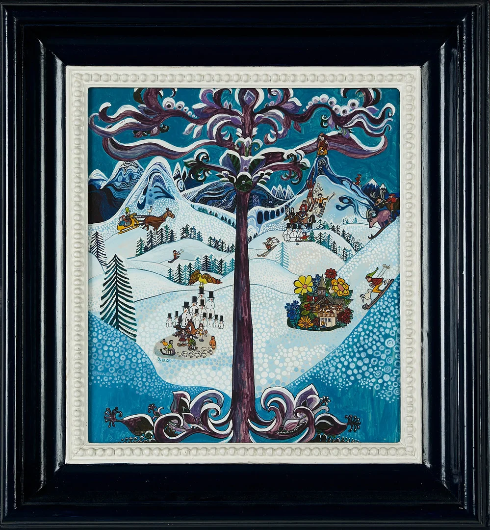 BENGT ELDE (1939-2015). Figurkomposition i vinterlandskap, blandteknik, signerad B. Elde. — Paintings — Stockholms Auktionsverk Sickla