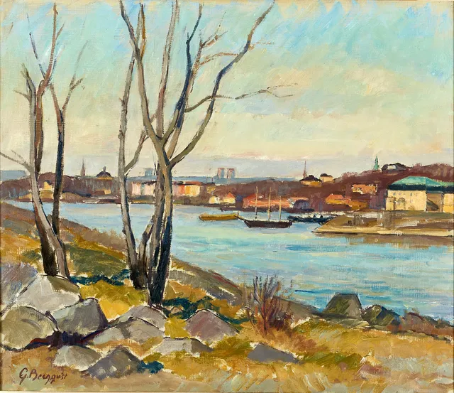 GUNNAR BERGQVIST (1903-1995). Höstvy över Saltsjön med skymtande stadsbebyggelse, Stockholm, signerad G. Bergqvist, olja på pannå.