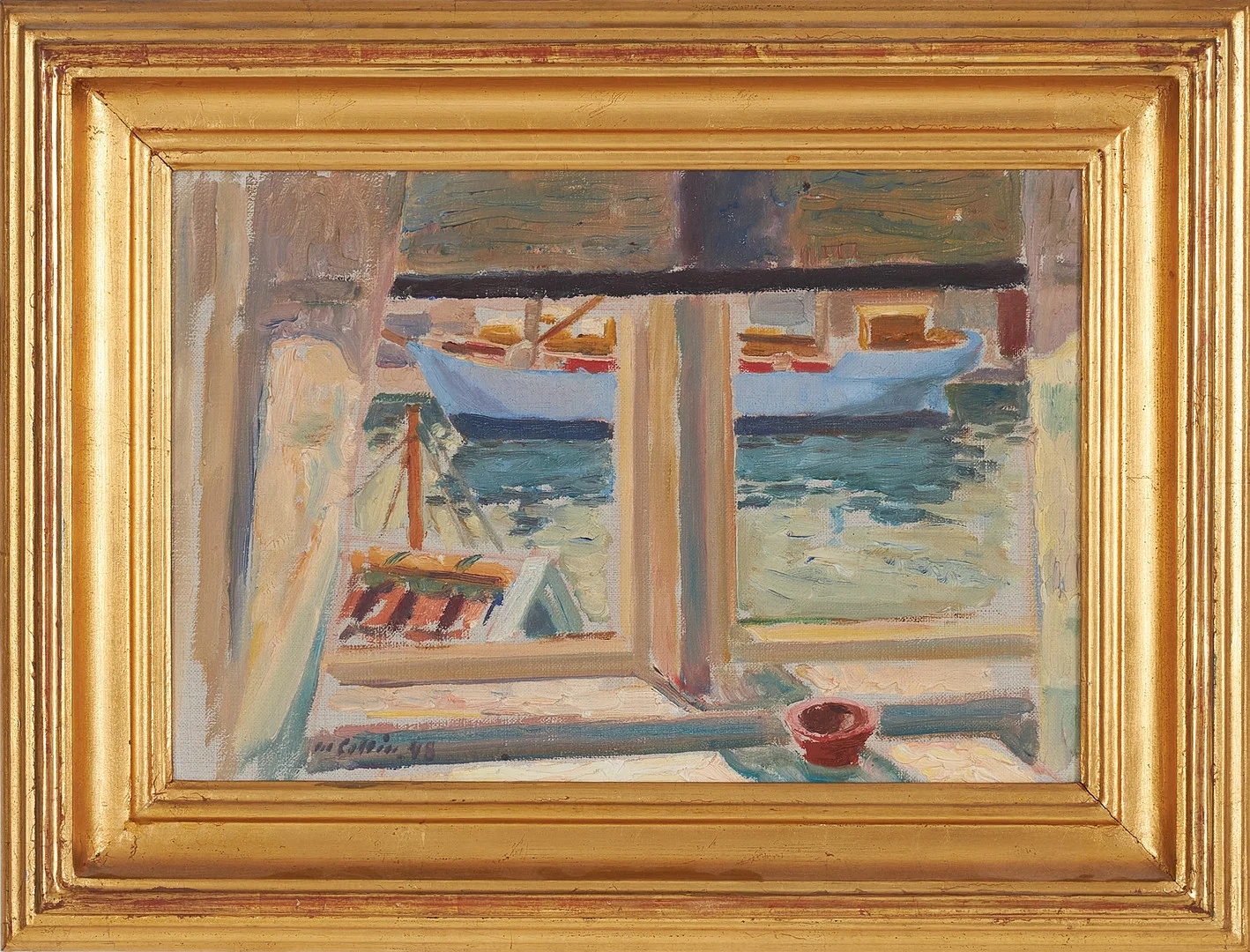 MARCUS COLLIN. Fönsterutsikt i hamnen, olja på duk, signerad och daterad M Collin. 48. — Paintings — Stockholms Auktionsverk Sickla