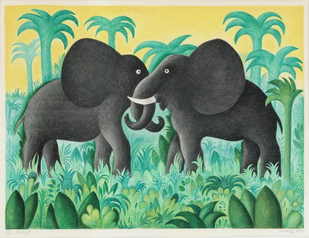 “Et møde”. Signed Scherfig 1974, Særtryk. Lithograph in colours. Visible size 46×61 cm. — Modern Prints/Classical modernism — Bruun Rasmussen