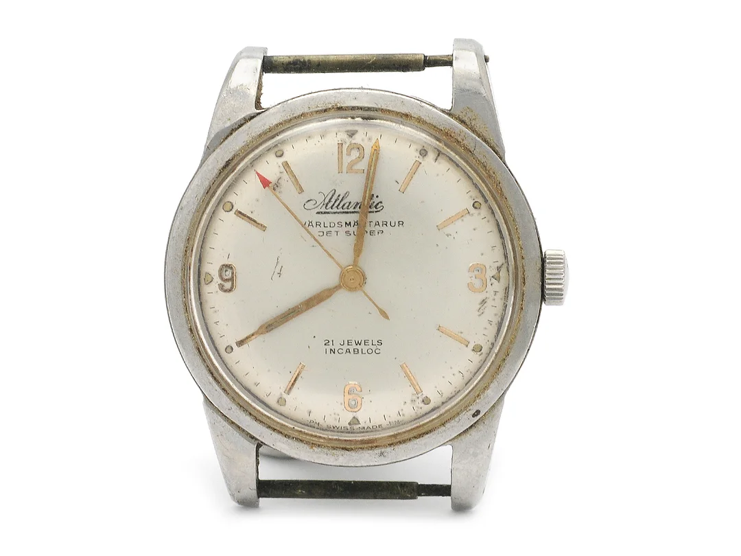 ATLANTIC, Världsmästarur, Jet Super, herrur, 35 mm, stål, manuell, plexiglas, skadad urtavla, skadad boett, defekt, ca 1960. — Klockor/Atlantic — Kaplans