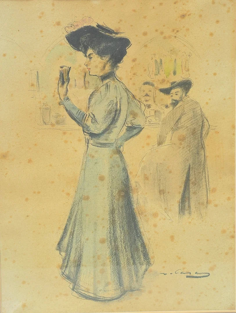 ESCUELA CATALANA SIGLO XIX. FIRMADO R. CASAS. Dama en el bar, técnica mixta sobre papel. — Drawings — Arce Auctions
