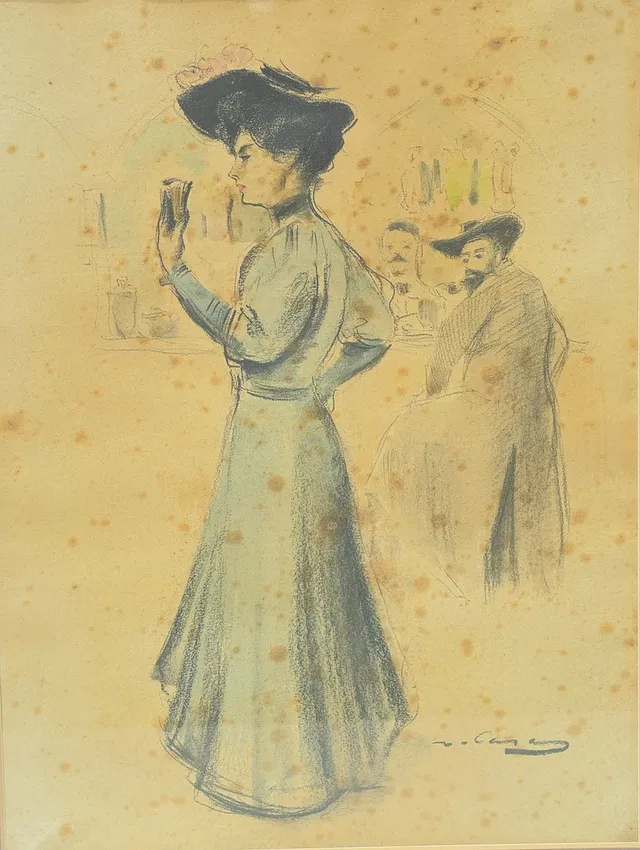 ESCUELA CATALANA SIGLO XIX. FIRMADO R. CASAS. Dama en el bar, técnica mixta sobre papel.