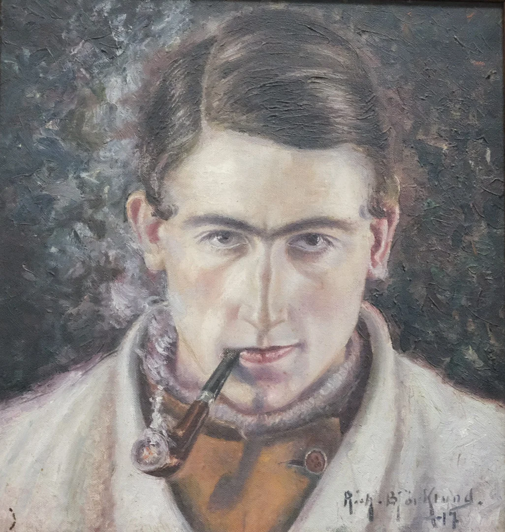 RICHARD BJÖRKLUND. OLJA PÅ DUK. SJÄLVPORTRÄTT. "MITT FÖRSTA PORTRÄTT". — Paintings — Björnssons Auktionskammare