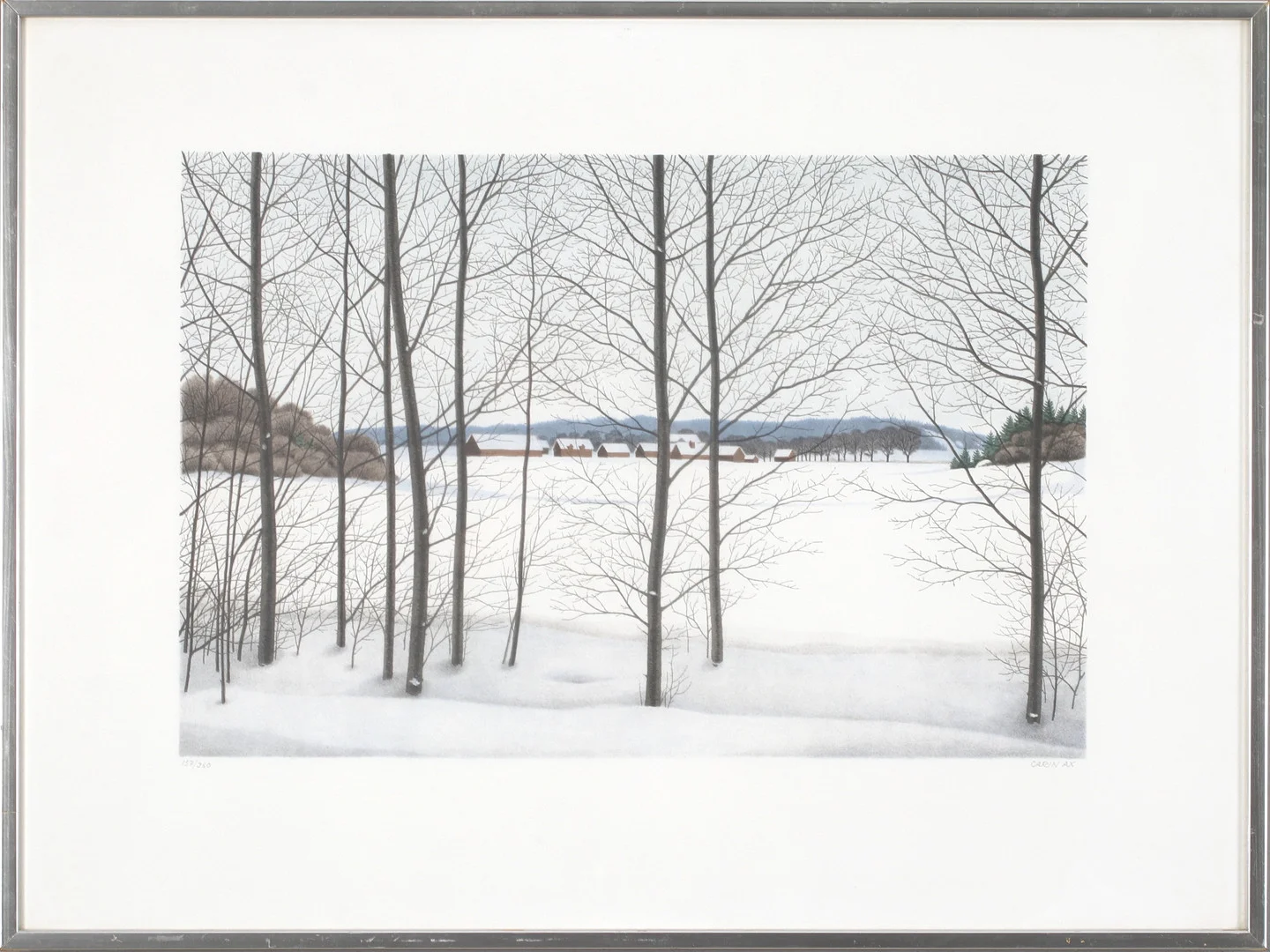 CARIN AX. Vinterlandskap, litografi, signerad och numrerad 157/360. — Engravings & Prints — Stadsauktion Sundsvall