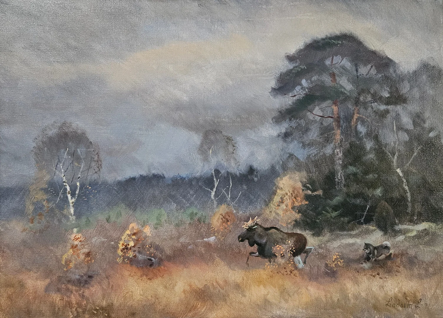 LINDORM LILJEFORS. Landskap med älg och hund. Olja på duk, signerad Lindorm L och daterad -71. — Paintings — Auktionshuset Thörner & Ek