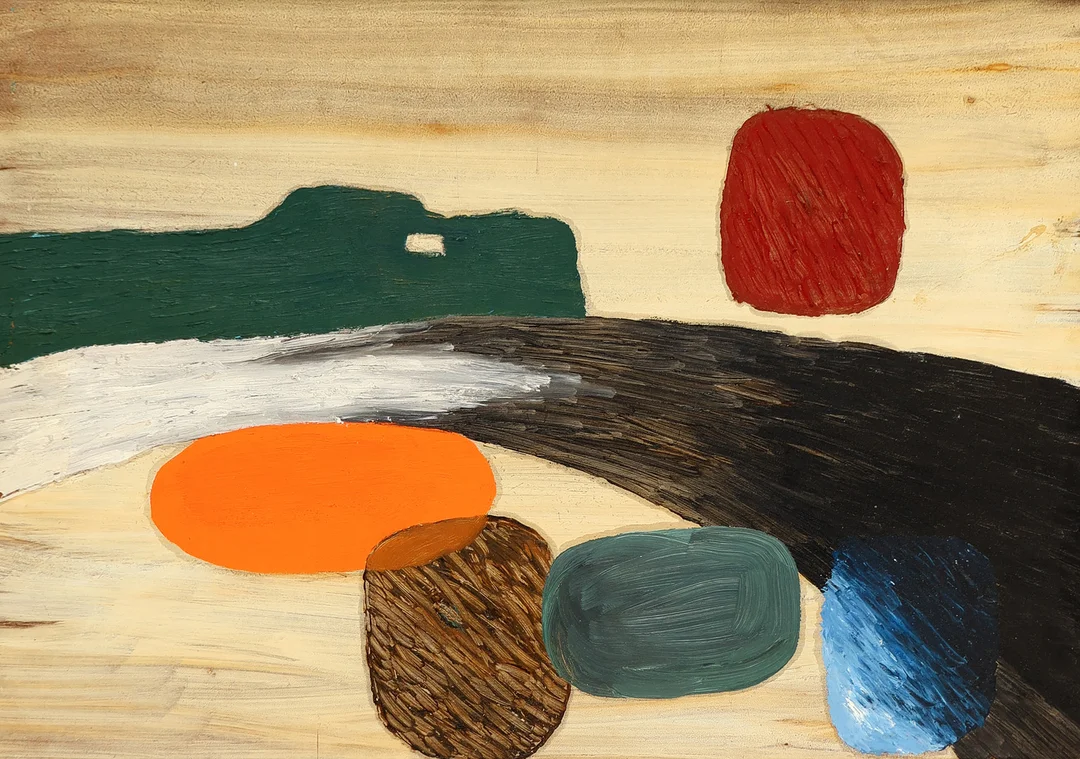 UBEKENDT KUNSTNER 20 ÅRH. Abstrakt komposition, olie på plade, usigneret. — Paintings — Palsgaard Kunstauktioner