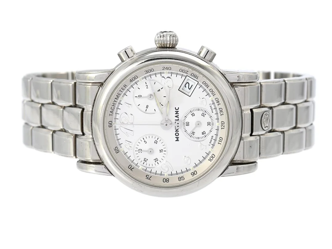MONTBLANC, Meisterstück, "Tachymeter", Cal 4810.106, Serie nr. PL313762, Boett nr. 7039, kronograf, damur, 31 mm, stål, quartz, safirglas, datum, originallänk, viklås, ca 2000, box. — Klockor/Montblanc — Kaplans