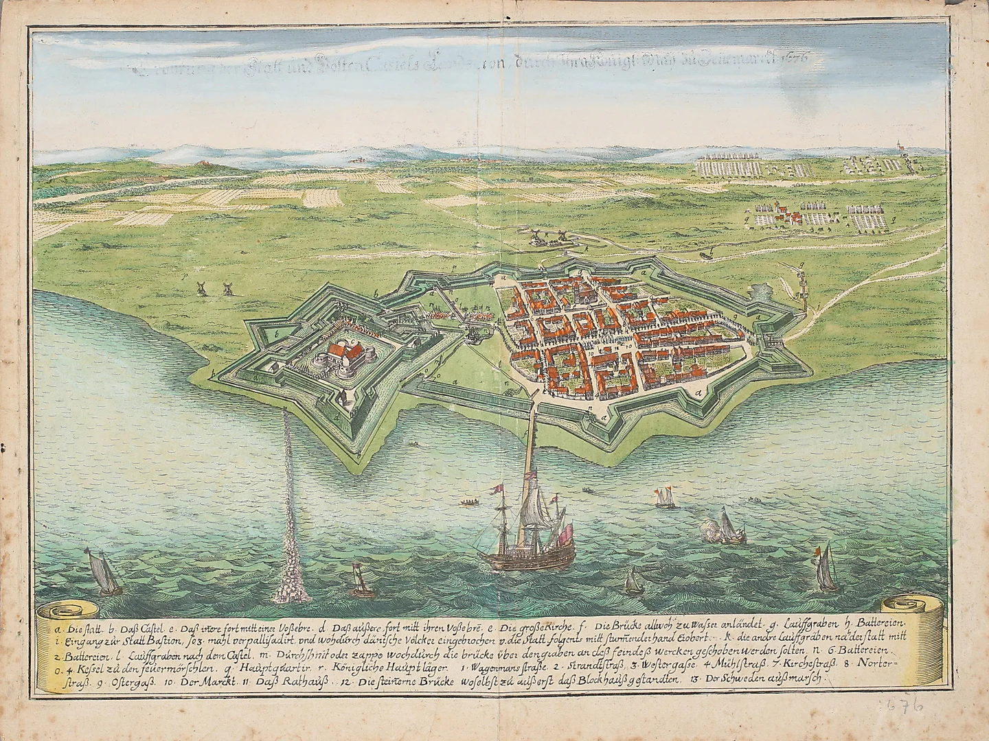 KARTA över Landskrona 1676, kolorerad. Tyskland, sent 1600-tal. — Books, Maps & Manuscripts — Garpenhus Auktioner