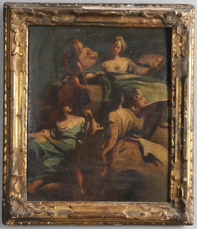 STUDIO OF GIOVANNI BATTISTA TIEPOLO (1696-1770). THREE FEMALE FIGURES WITH PUTTI, POSSIBLY A DEPICTION OF THE ARTS.