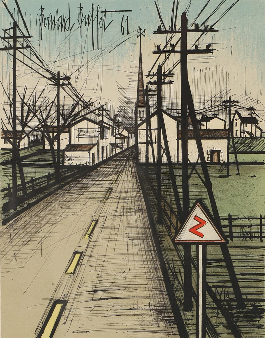 BERNARD BUFFET. Vägen in till byn, grafiskt blad, signerad i trycket. — Engravings & Prints — Helsingborgs Auktionskammare