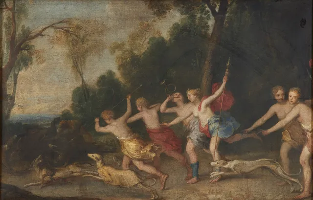 PETER PAUL RUBENS. HANS EFTERFÖLJARE. Diana med följe på jakt, 1600/1700-tal, olja på duk, dubblerad.