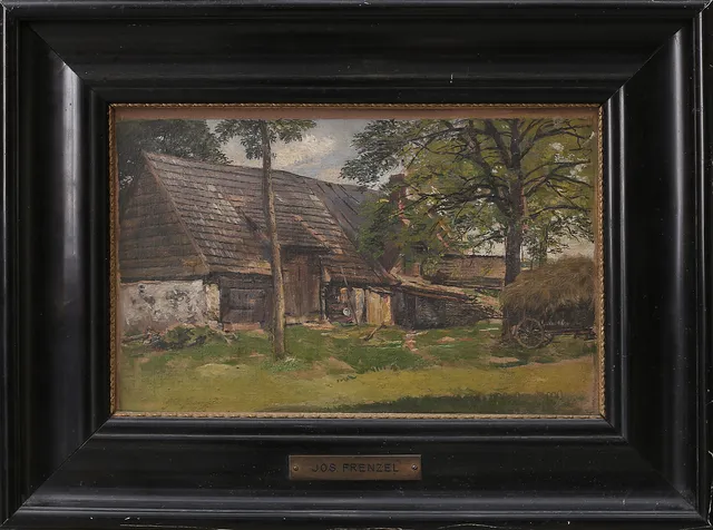 OIDENTIFIERAD KONSTNÄR. Olja på duk, gårdsmiljö, signerad Jos. Frenzel, daterad 1925.