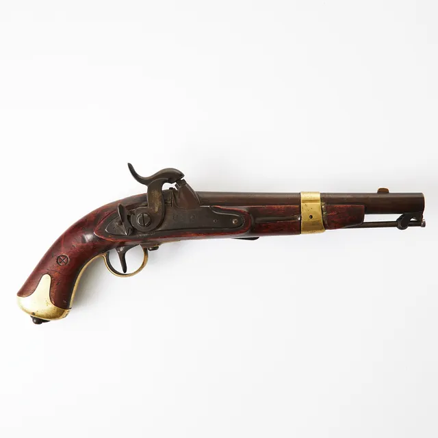 SLAGLÅSPISTOL, svensk, modell 1845 för flottan, stämplad för Huskvarna 1855, numrerad 290, kolv med kassationsstämpel.