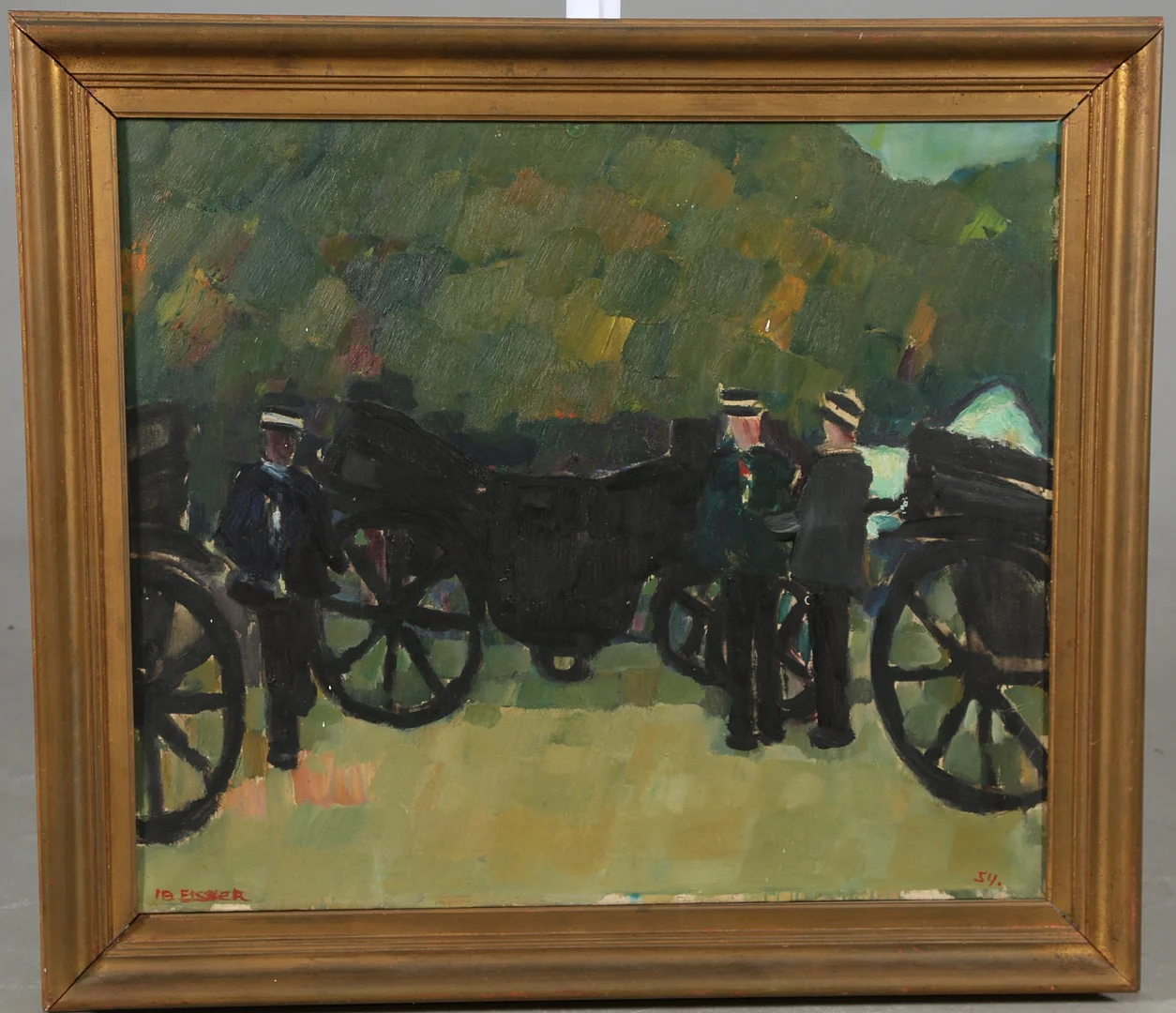 IB EISNER (1925-2003). Parti fra Dyrehaven med kuske og hestevogne, olie på lærred, 1954. — Paintings — Bidstrup Auktioner