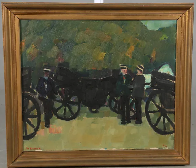 IB EISNER (1925-2003). Parti fra Dyrehaven med kuske og hestevogne, olie på lærred, 1954.