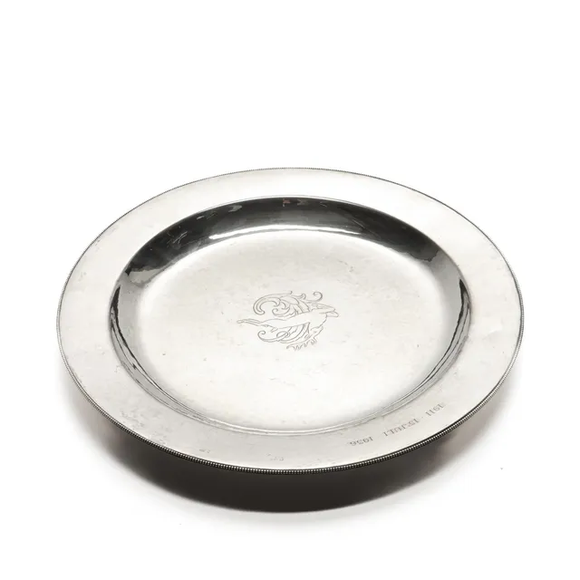 Evald Nielsen. Circular dish of silver with pearl stick