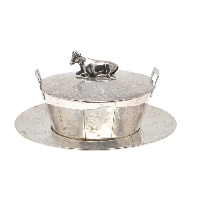A VICTORIAN AND OTHER SILVER BUTTER DISH.