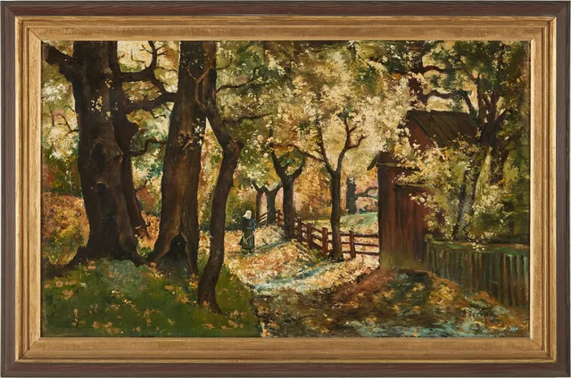 REINHOLD NORSTEDT (1843-1911). Kvinna med räfsa i höstlandskap, olja på duk.