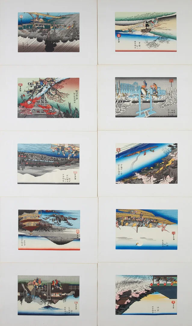 UTAGAWA HIROSHIGE. EFTER. 10 st, träsnitt ur "Famous Places in Kyoto", 1900-tal, i mapp. — Engravings & Prints — Stockholms Auktionsverk Sickla