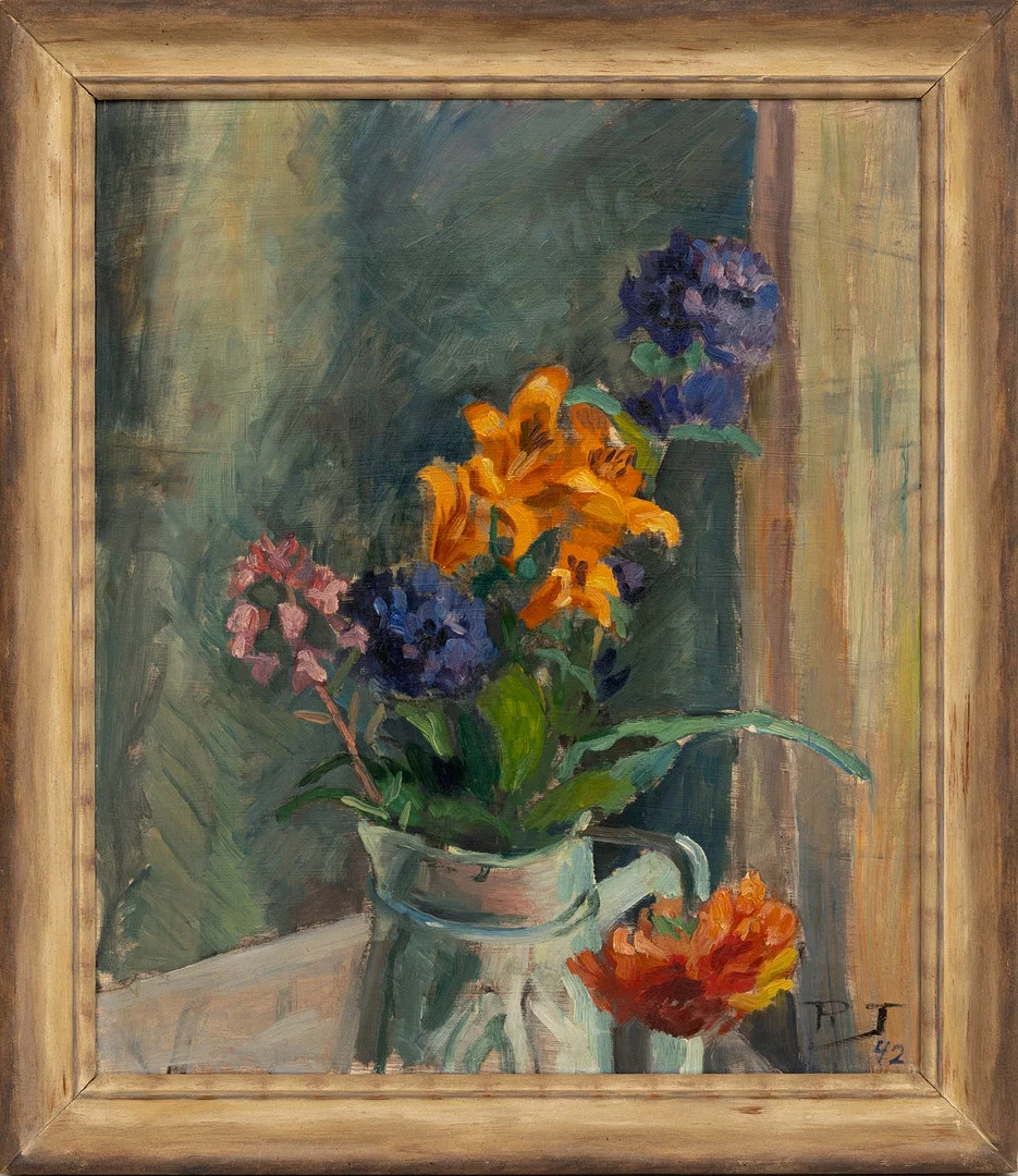 RUNE JANSSON. Blomsterstilleben, olja på pannå, monogramsignerad RJ, daterad 42. — Paintings — Auktionshuset Kolonn