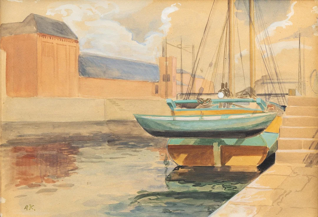 AXEL KLEIMER. Fartyg i hamn, blandteknik, monogramsignerad. — Paintings — Garpenhus Auktioner