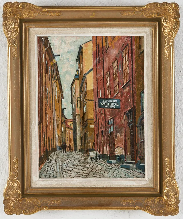 HJALMAR STRÅÅT. ''Prästgatan'', olja på pannå, signerad HJ Strååt.