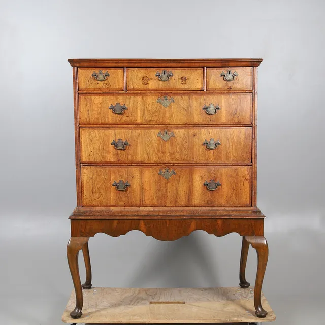 AN 18TH CENTURY STYLE WALNUT & OAK CHEST ON STAND.