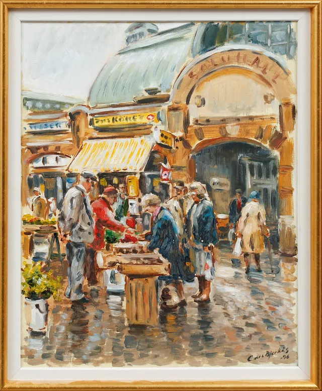 CARL BJERKÅS. "Kungstorget", olja på duk, signerad.