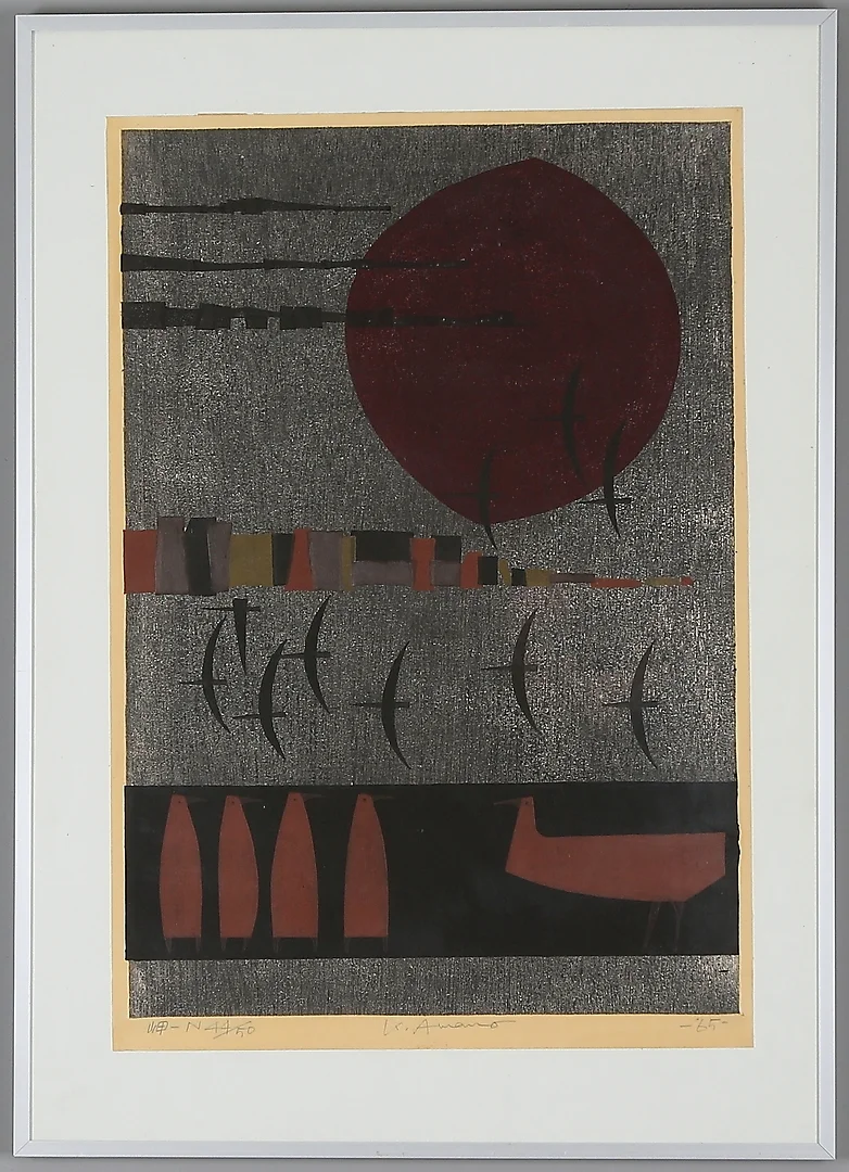 KUNIHIRO AMANO. Komposition med fåglar, färgträsnitt, signerad, numrerad 44/50 och daterad -65. — Engravings & Prints — Stadsauktion Sundsvall