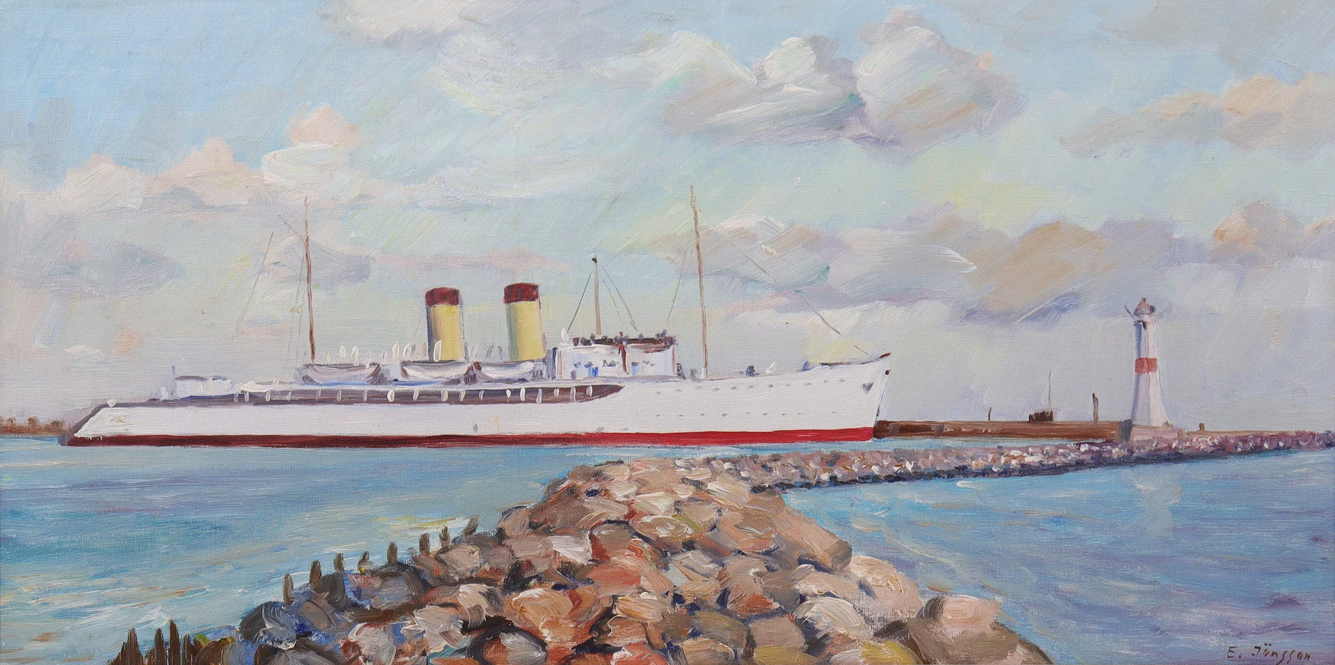 ERIK JÖNSSON (1893-1950). olja på duk, tågfärjan M/S Starke, Trelleborg. — Paintings — Markus Auktioner