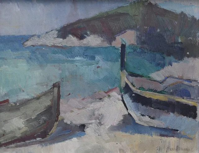 NAPOLEON FRANK. 1909-1988, olja på duk, båtar vid strand, signerad Nap Frank.
