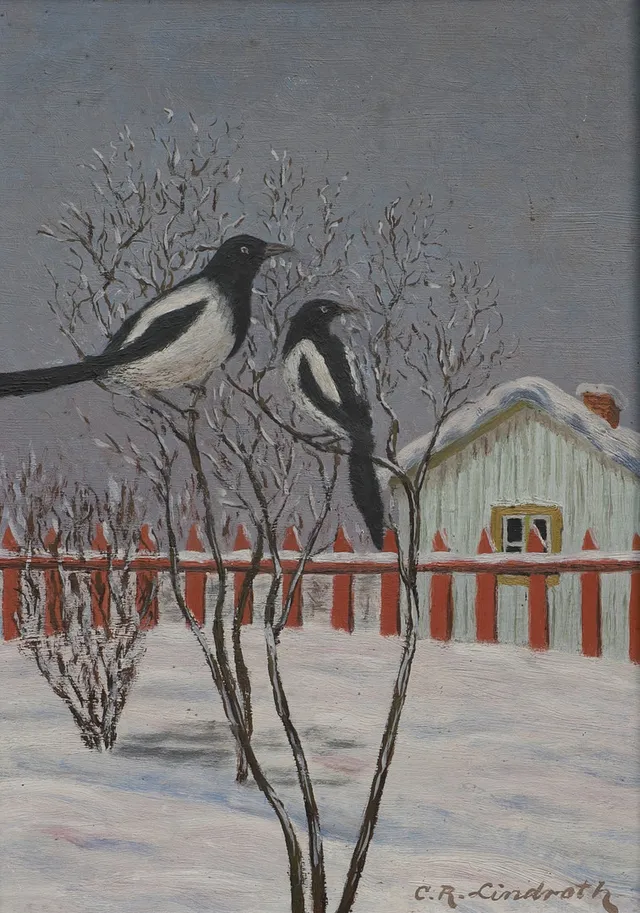 OIDENTIFIERAD KONSTNÄR. Olja på pannå, skator, signerad C.R. Lindroth.