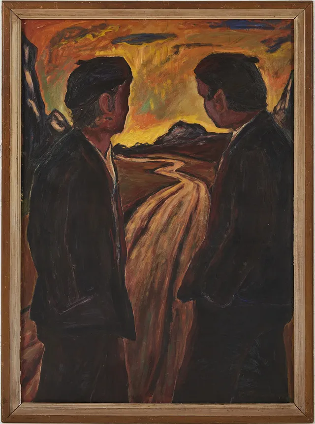 KARL RAGNAR JOHANNESSON. (1900-1962) Mansfigurer vid väg, olja på pannå, signerad.