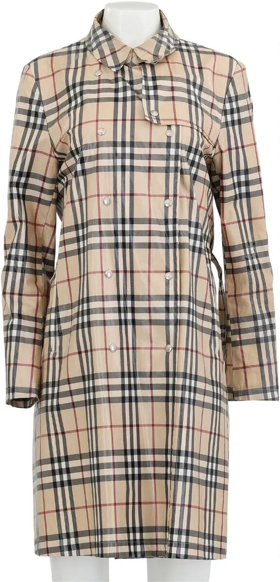 Raincoat of beige/white/black/red coated canvas with silver-colored buttons.