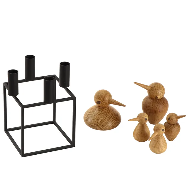 Kristian Vedel. Bird figures in wood and Mogens Lassen 'KUBUS' candlestick for 4 candles, black. (6)