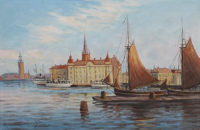 ALFRED WETTERSTRÖM. Stockholmshamn, olja på duk, signerad och daterad 32.