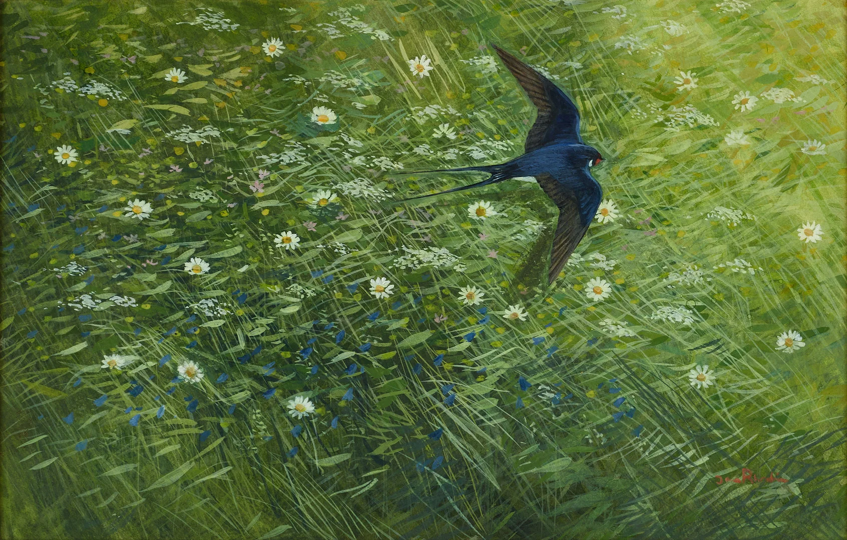 JAN RHODIN (FÖDD 1938). Svala i sommargräs, signerad Jan Rhodin, akvarell. — Paintings — Crafoord Auktioner Stockholm