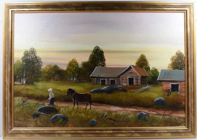 JOHAN ARVALL 1944-. Olja på duk. Lantgård.