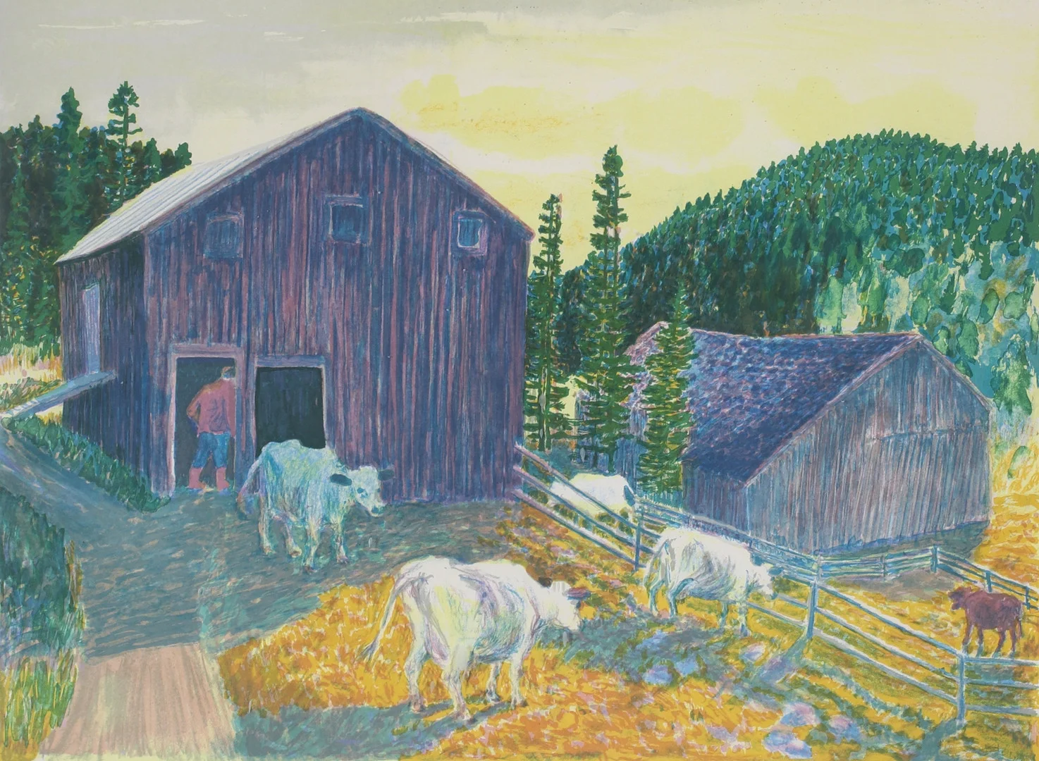 JOHAN LUNDGREN. Färglitografi, betande kor, signerad och numrerad 20/30. — Paintings — Stadsauktion Sundsvall